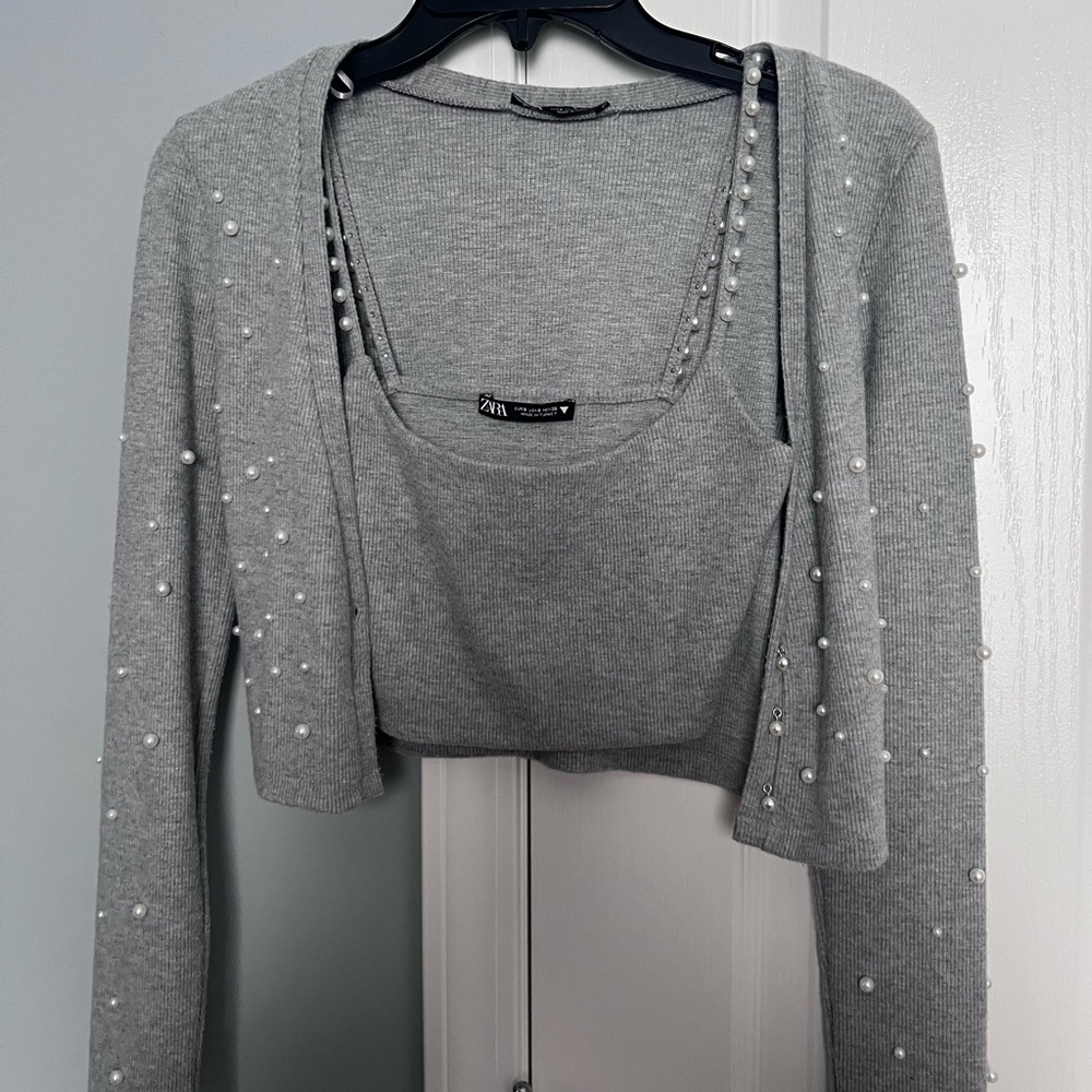 ZARA CROPPED PEARL CARDIGAN AND TANK TOP SET